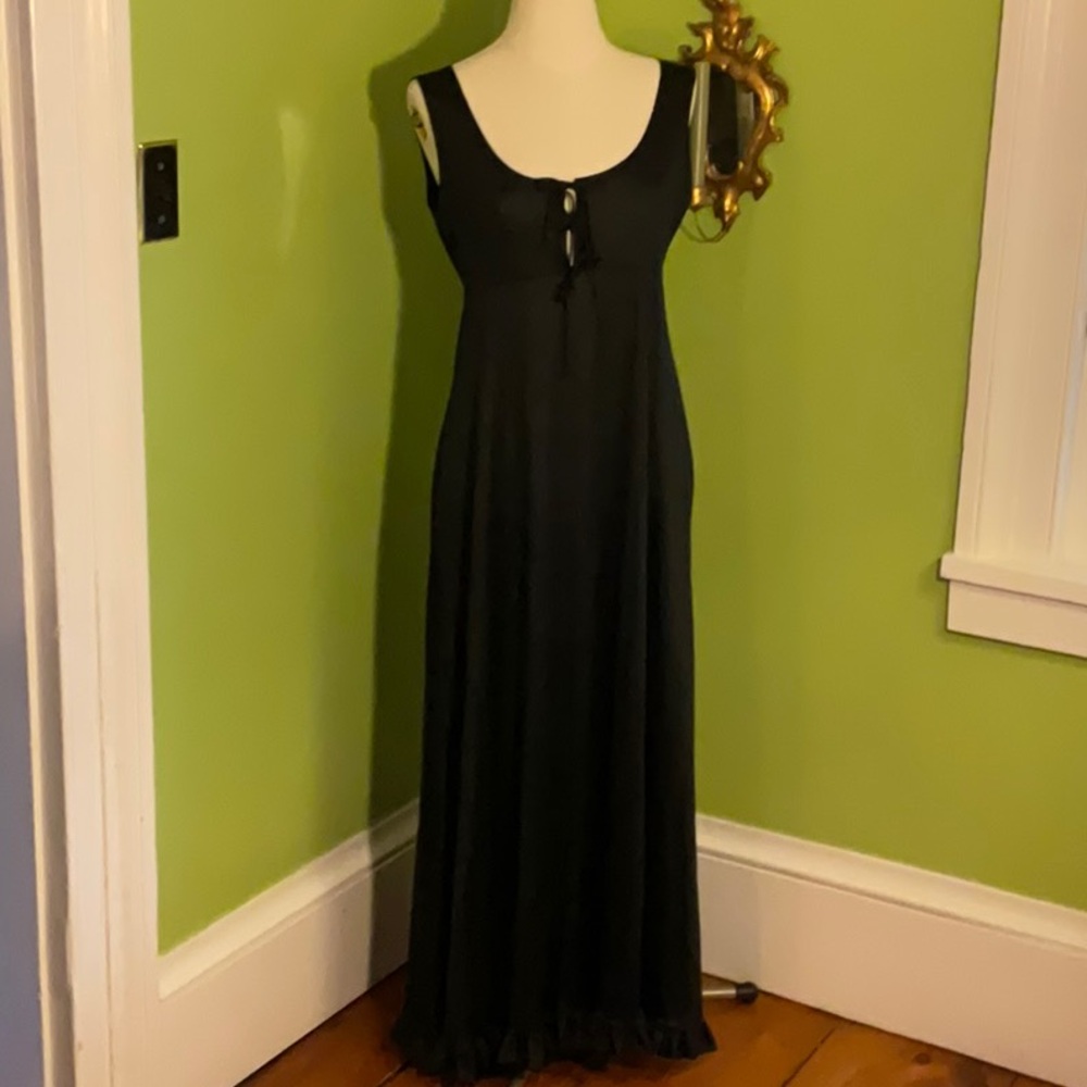 Vintage 70s John Kloss tie front gown with ruffle at hem